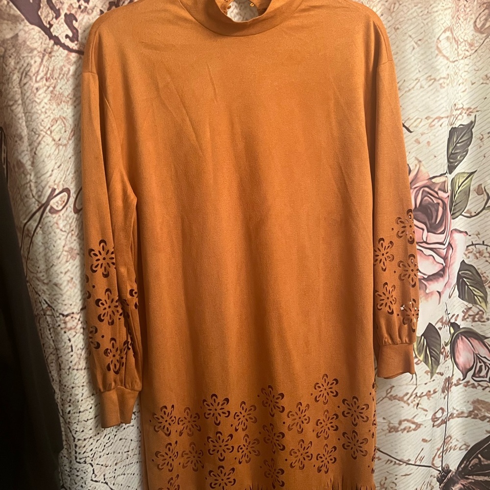 SHEIN Orange Mock Neck Cuffed Sleeve Midi Dress